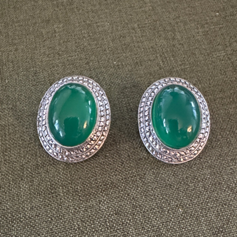 Silver and Green Oval Earrings